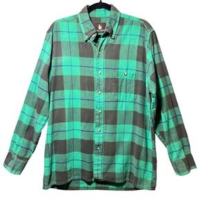 Vintage High Sierra Mens L Green Grey Plaid Flannel Button Down Shirt 100 Cotton
